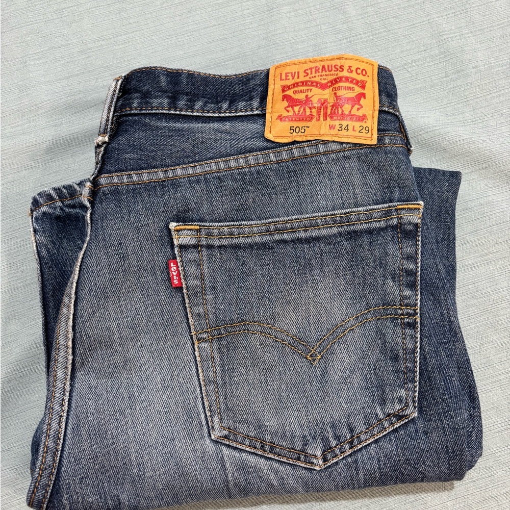 Levi's Men's 505 Distressed Dark 34 Blue Straight Jeans Pair B